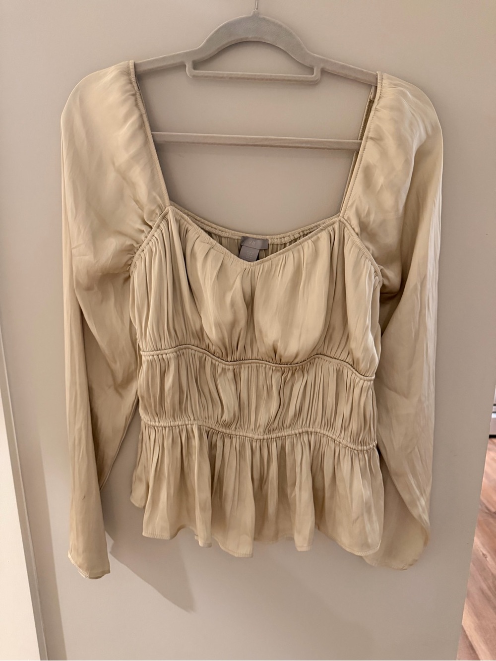 H&M Cream Gathered Peplum Long-Sleeve Blouse